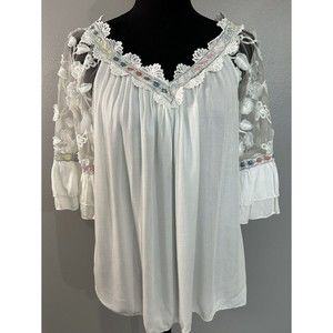 Womens White Blouse Made in Italy Embroidered Floral Eyelet Boho Tunic Sz L? EUC